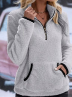 Women's Half-Zip Fleece Jumper with Kangaroo Pocket, Light Grey, view 3
