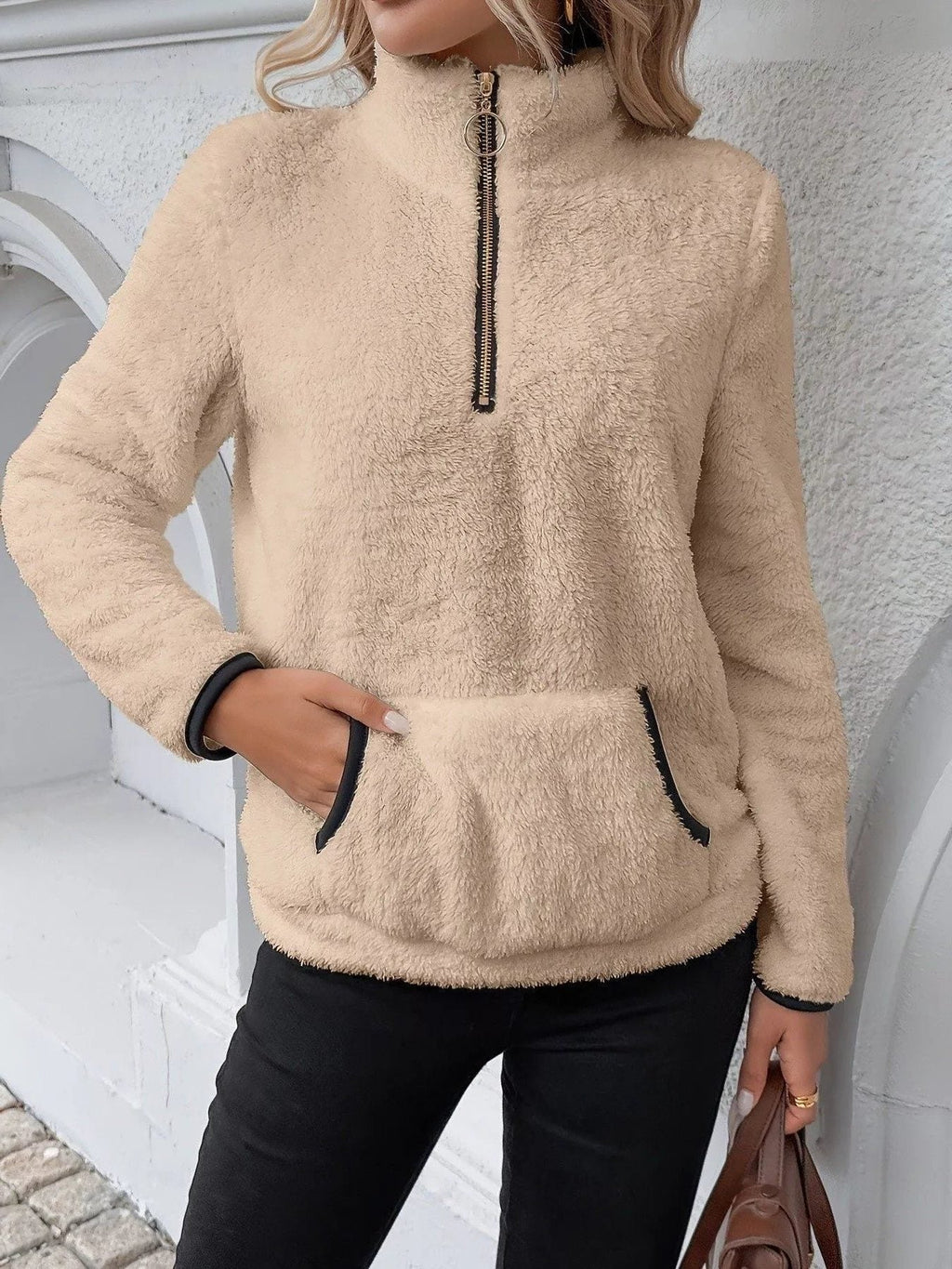 Women's Half-Zip Fleece Jumper with Kangaroo Pocket, Khaki, view 10