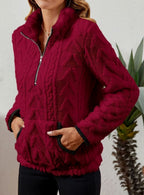 Women's Half Zip Fleece Pullover with Kangaroo Pocket and Textured Finish, Burgundy, view 1