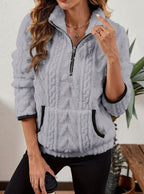Women's Half Zip Fleece Pullover with Kangaroo Pocket and Textured Finish, Grey, view 3