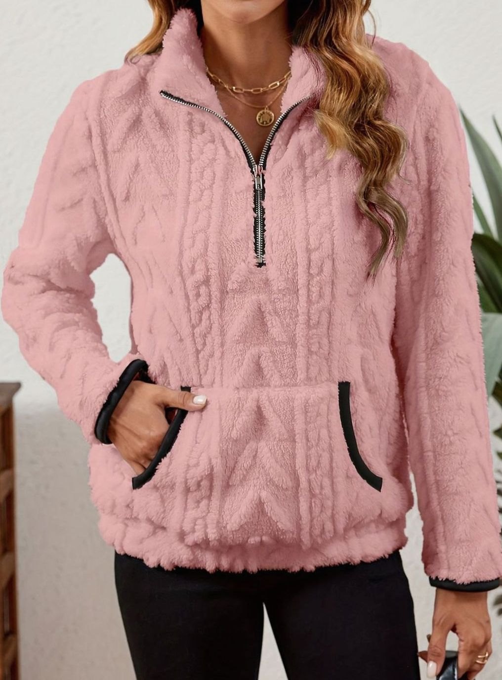 Women's Half Zip Fleece Pullover with Kangaroo Pocket and Textured Finish, Pink, view 5
