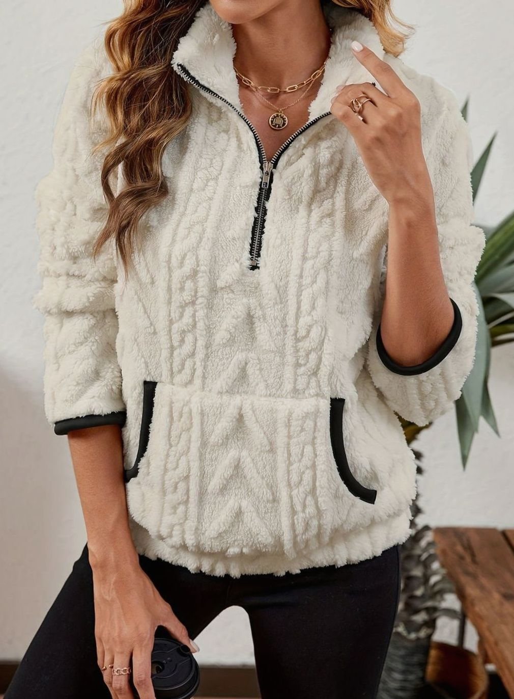 Women's Half Zip Fleece Pullover with Kangaroo Pocket and Textured Finish, White, view 7