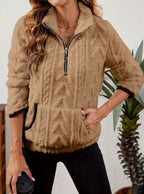 Women's Half Zip Fleece Pullover with Kangaroo Pocket and Textured Finish, Khaki, view 9