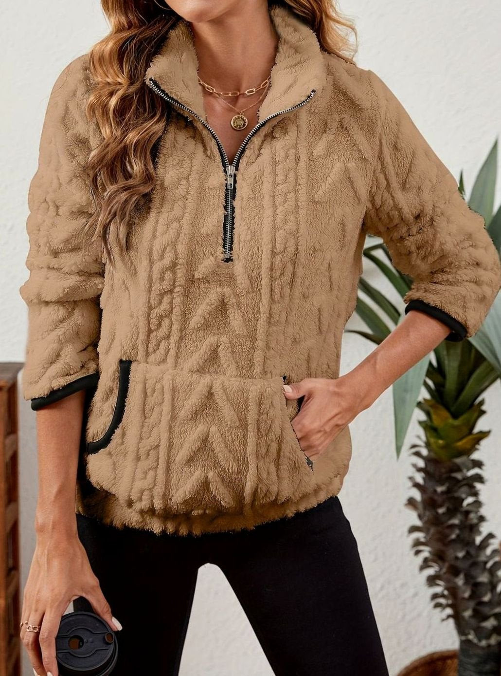 Women's Half Zip Fleece Pullover with Kangaroo Pocket and Textured Finish, Khaki, view 9