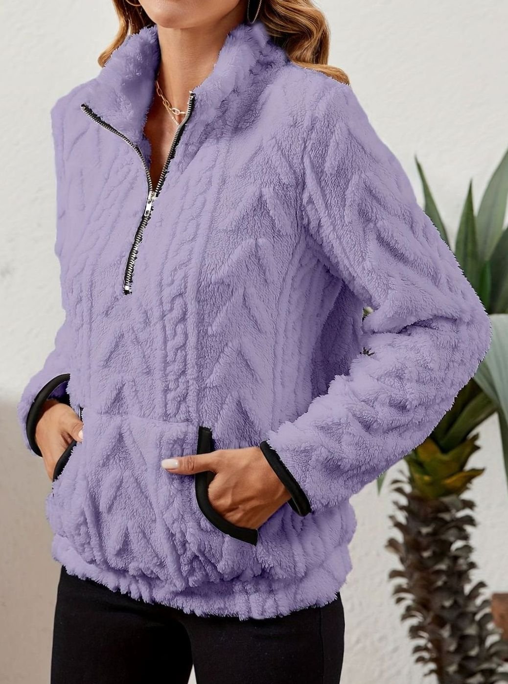 Women's Half Zip Fleece Pullover with Kangaroo Pocket and Textured Finish, Purple, view 11