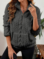 Women's Half Zip Fleece Pullover with Kangaroo Pocket and Textured Finish, Dark Grey, view 13