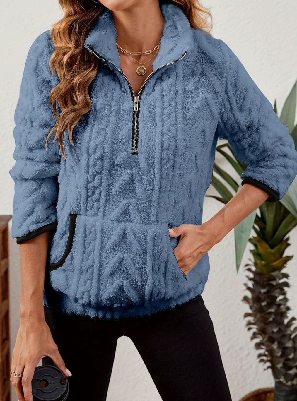 Women's Half Zip Fleece Pullover with Kangaroo Pocket and Textured Finish, Blue, view 15