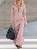 Women's Half-Zip Maxi Dress with Stand Collar and Long Sleeves, Light Pink, view 1