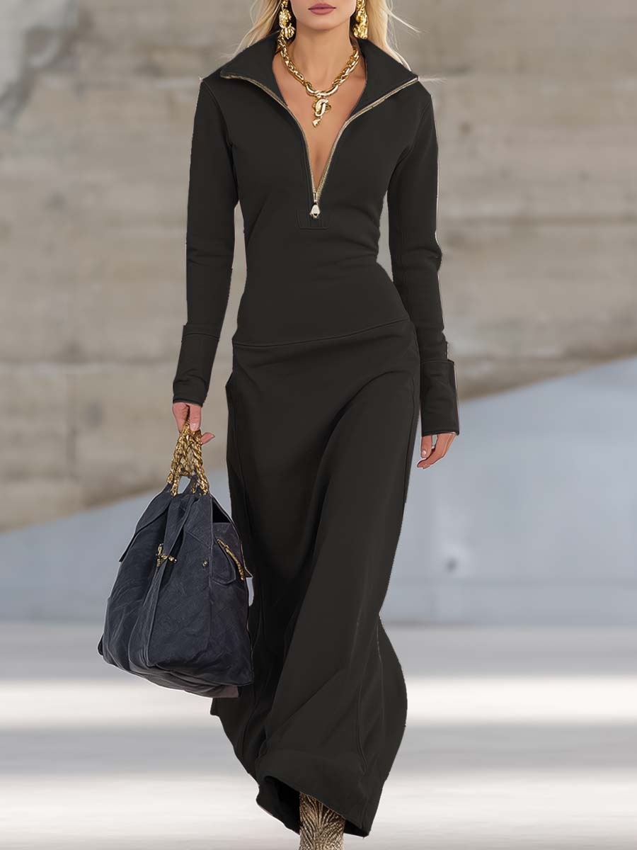Women's Half-Zip Maxi Dress with Stand Collar and Long Sleeves, Black, view 3