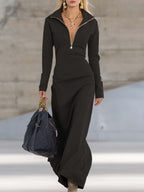 Women's Half-Zip Maxi Dress with Stand Collar and Long Sleeves, Black, view 3