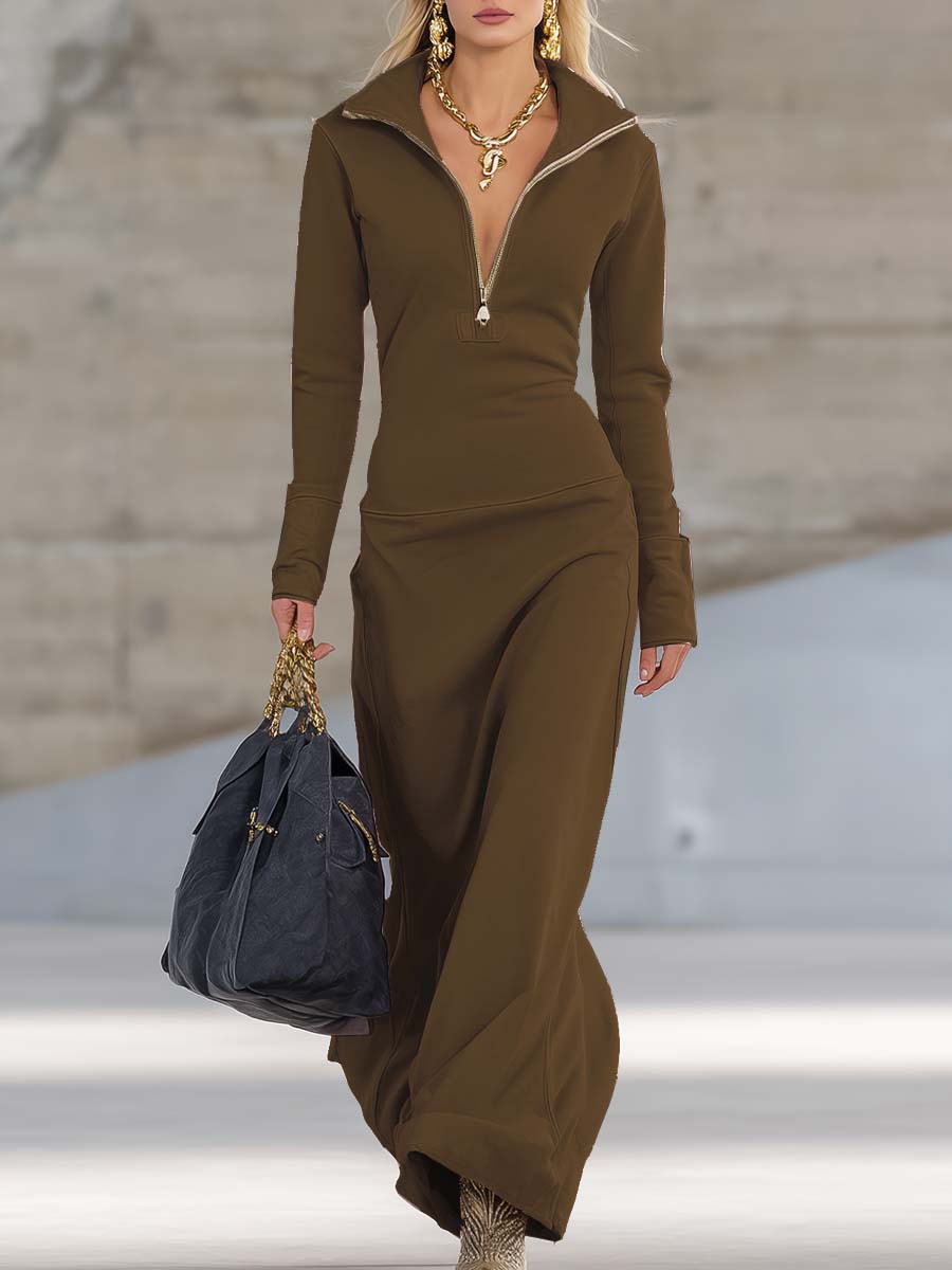 Women's Half-Zip Maxi Dress with Stand Collar and Long Sleeves, Brown, view 4
