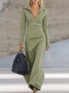 Women's Half-Zip Maxi Dress with Stand Collar and Long Sleeves, Grey-Green, view 5