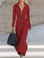 Women's Half-Zip Maxi Dress with Stand Collar and Long Sleeves, Red, view 6