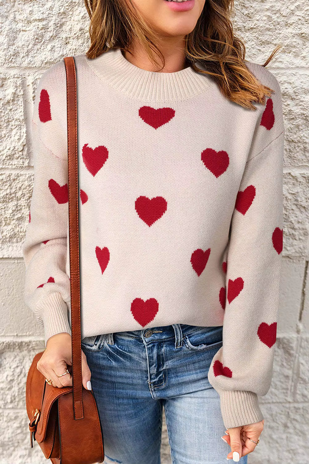 Women's Heart Print Jumper with Crew Neck, Pink, view 2