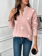 Women's Heart Print Lace Trim V-Neck Jumper, view 1