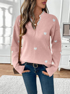 Women's Heart Print Lace Trim V-Neck Jumper, Pink, view 2