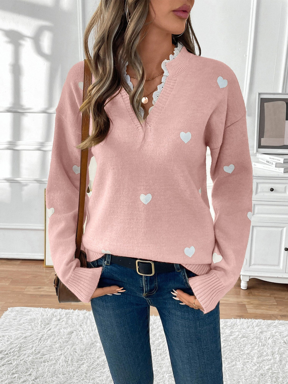 Women's Heart Print Lace Trim V-Neck Jumper, Pink, view 2