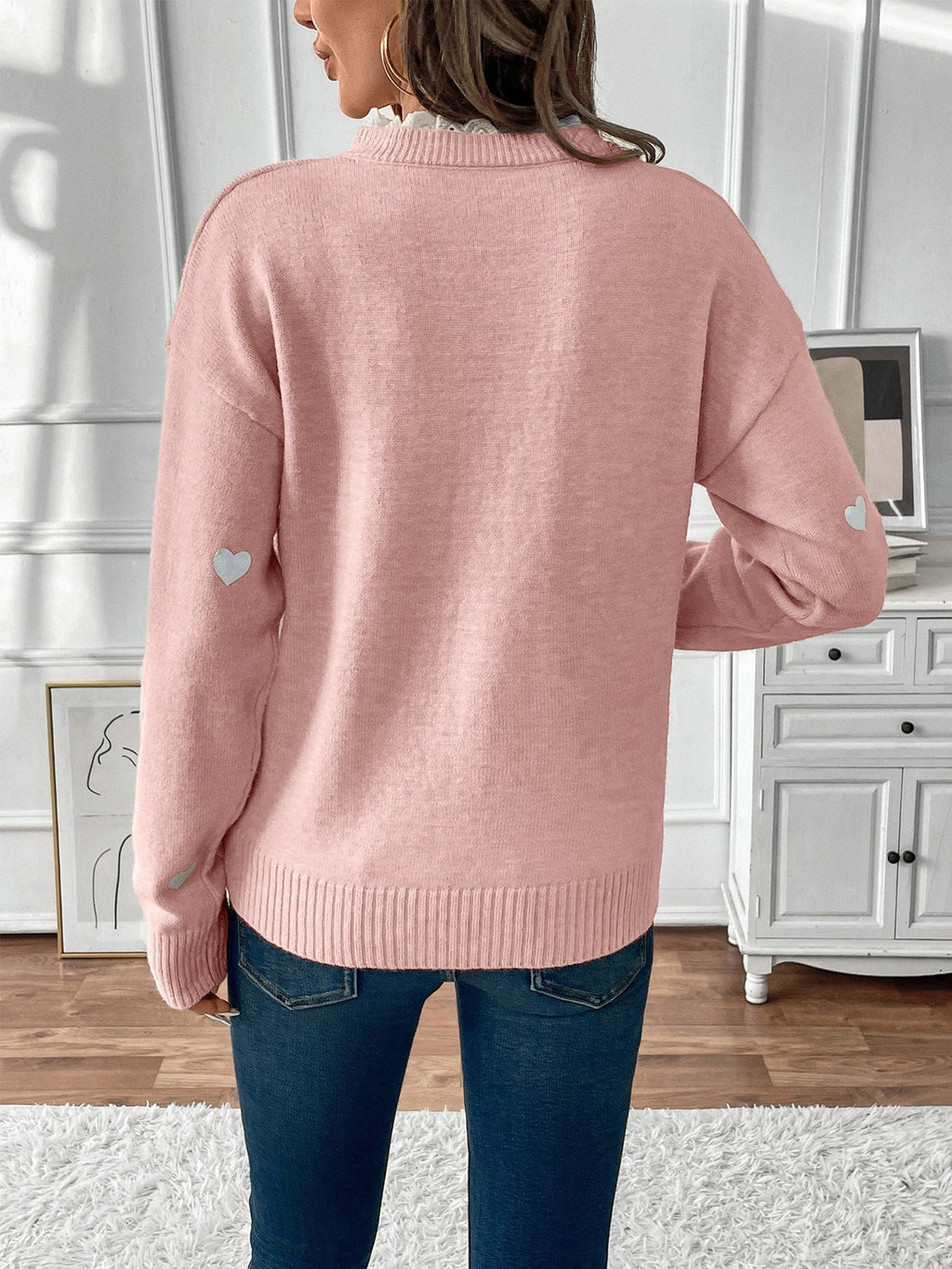Women's Heart Print Lace Trim V-Neck Jumper, view 4