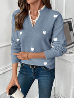 Women's Heart Print Lace Trim V-Neck Jumper, view 6