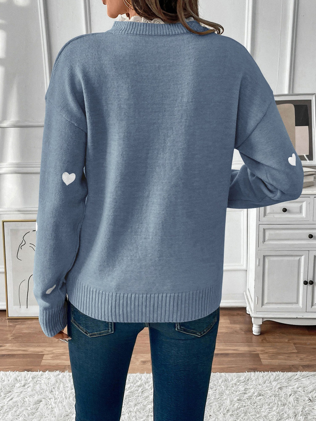 Women's Heart Print Lace Trim V-Neck Jumper, view 8