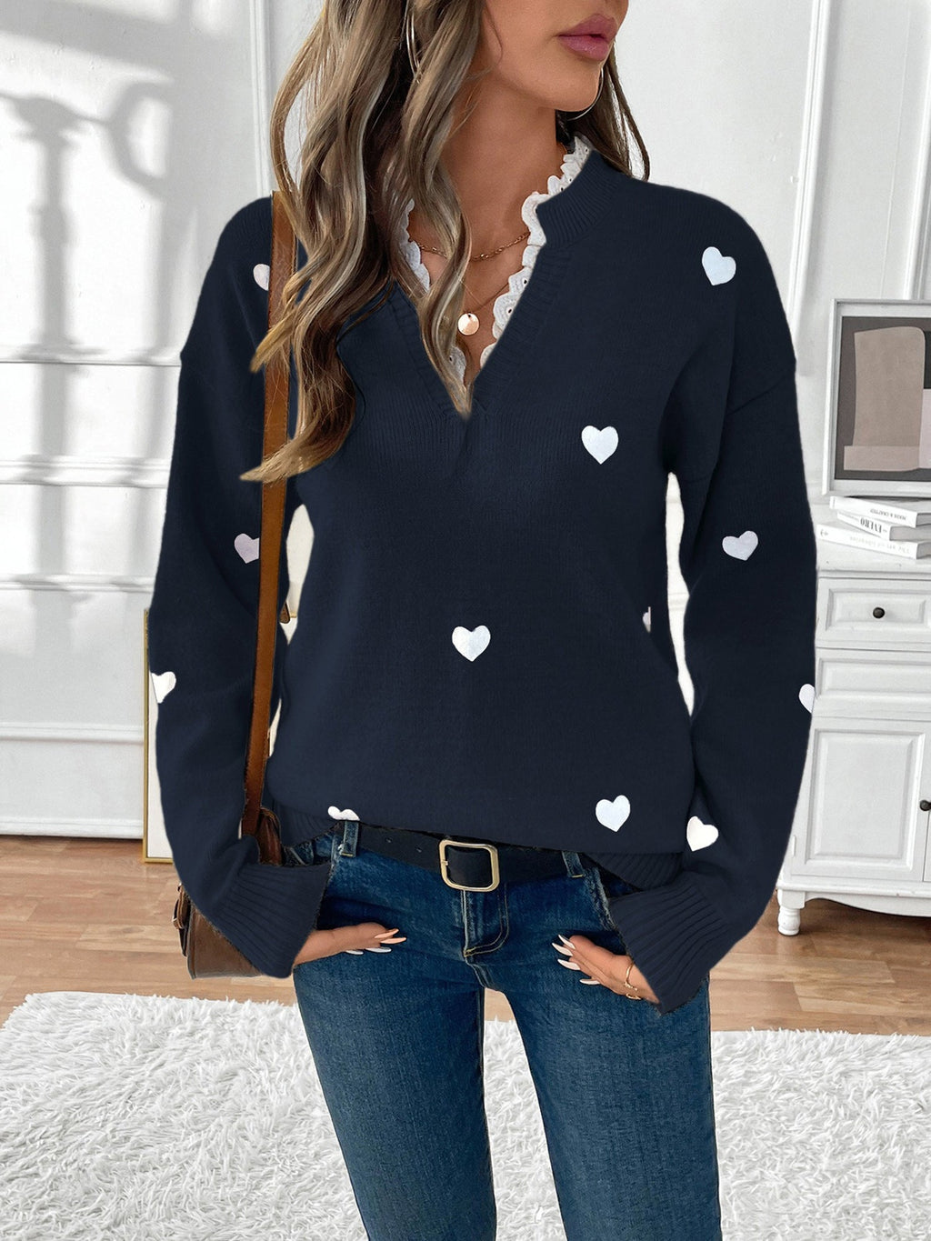 Women's Heart Print Lace Trim V-Neck Jumper, Navy Blue, view 11