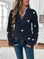 Women's Heart Print Lace Trim V-Neck Jumper, Navy Blue, view 11