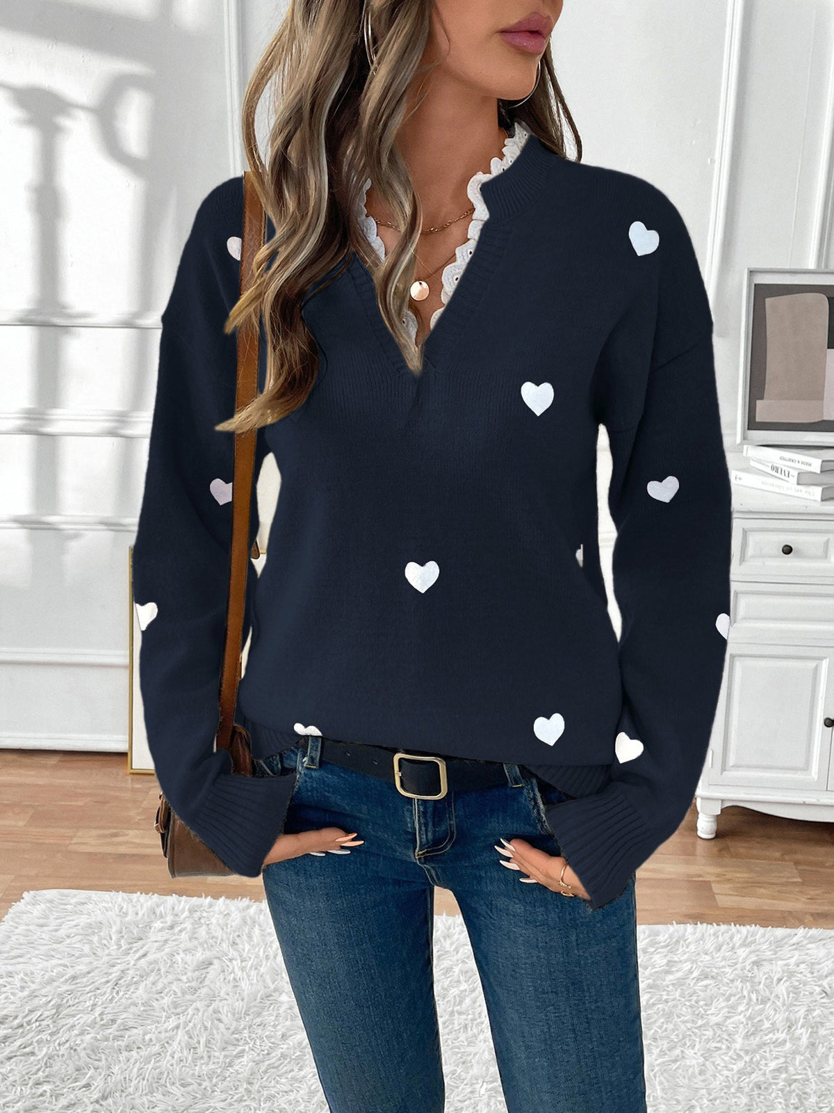 Women's Heart Print Lace Trim V-Neck Jumper, Navy Blue, view 11