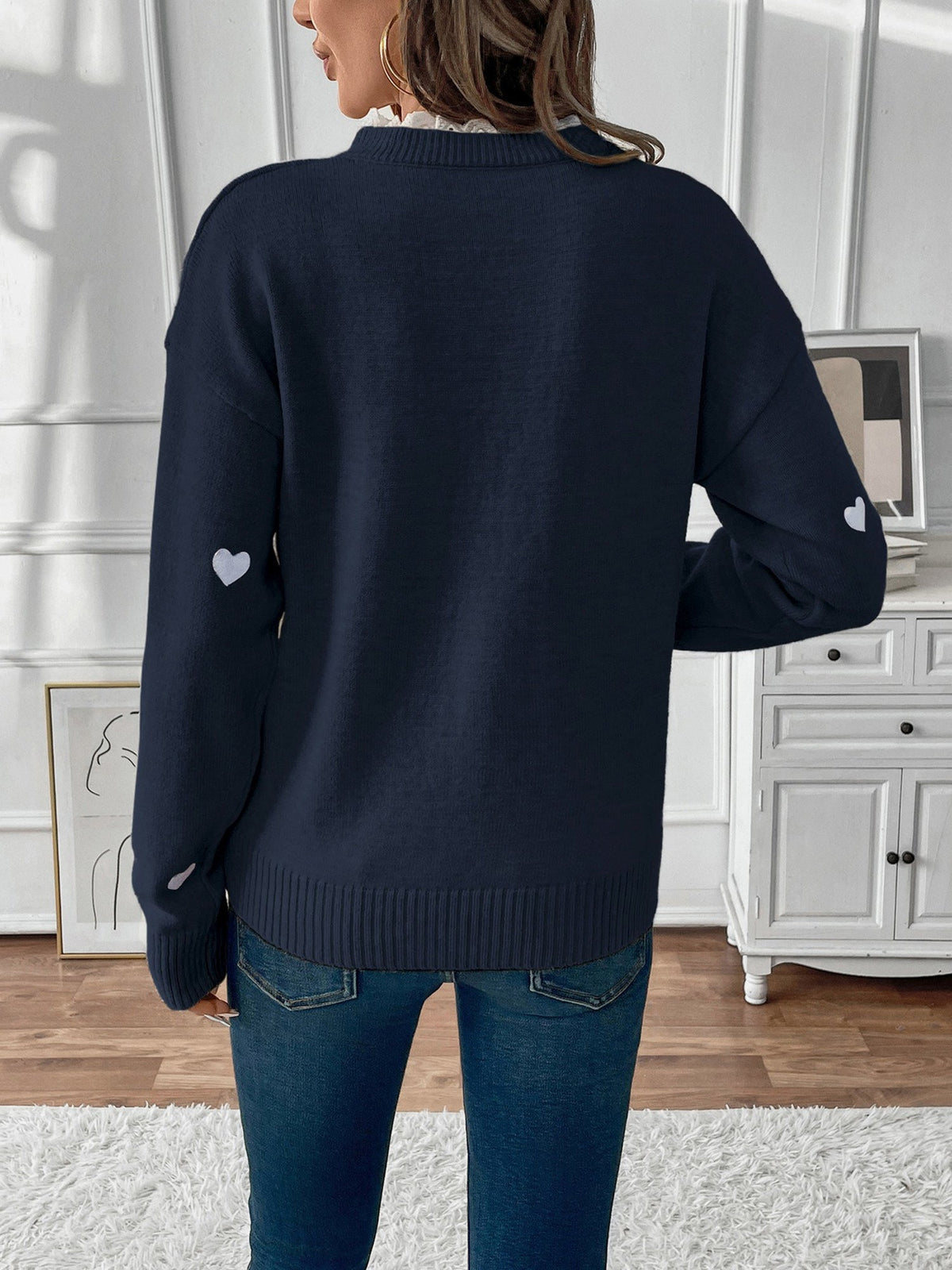 Women's Heart Print Lace Trim V-Neck Jumper, view 12