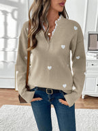 Women's Heart Print Lace Trim V-Neck Jumper, Khaki, view 15