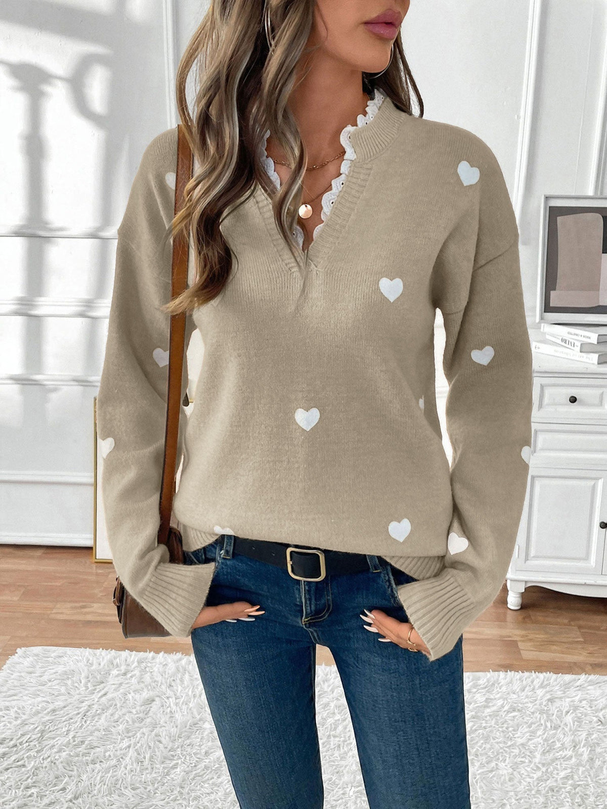 Women's Heart Print Lace Trim V-Neck Jumper, Khaki, view 15
