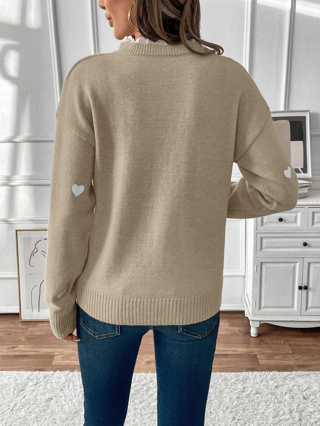 Women's Heart Print Lace Trim V-Neck Jumper, view 16
