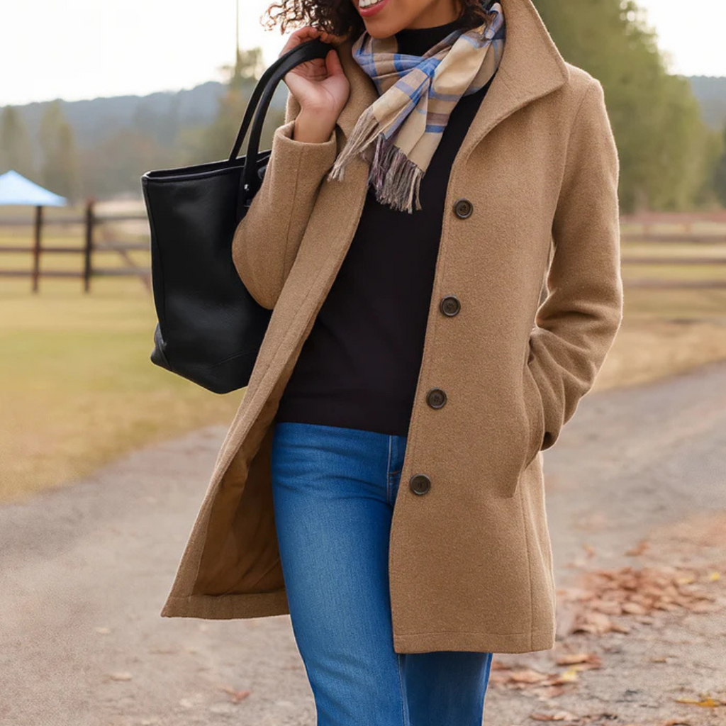 Women's High-Collar Coat with Shaped Waist, Khaki, view 1