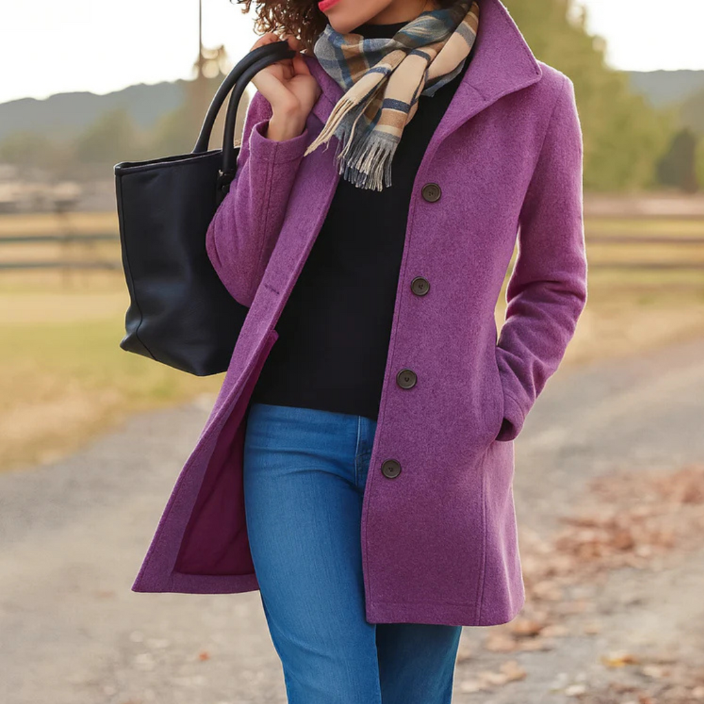 Women's High-Collar Coat with Shaped Waist, Purple, view 2