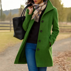 Women's High-Collar Coat with Shaped Waist, Dark Green, view 3
