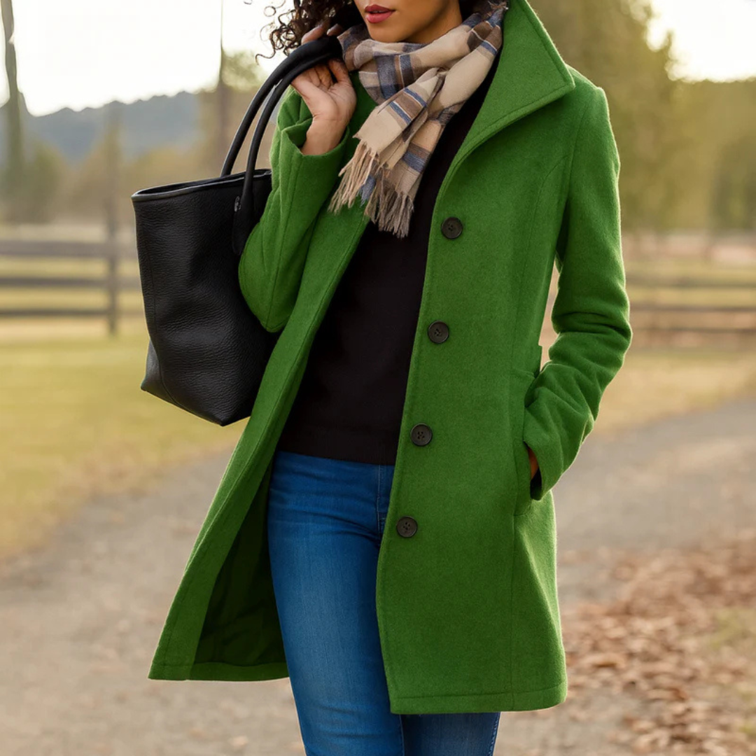 Women's High-Collar Coat with Shaped Waist, Dark Green, view 3
