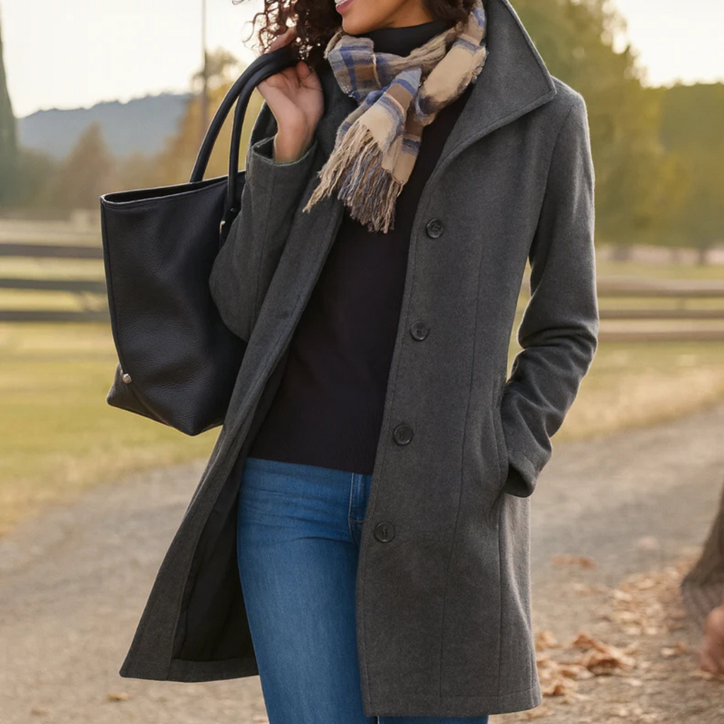 Women's High-Collar Coat with Shaped Waist, Grey, view 4