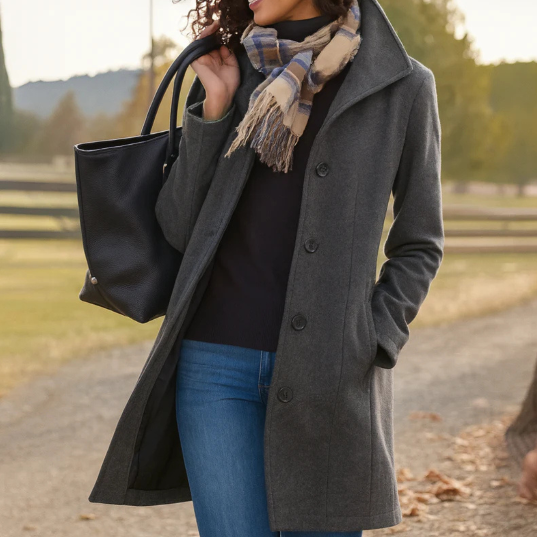 Women's High-Collar Coat with Shaped Waist, Grey, view 4
