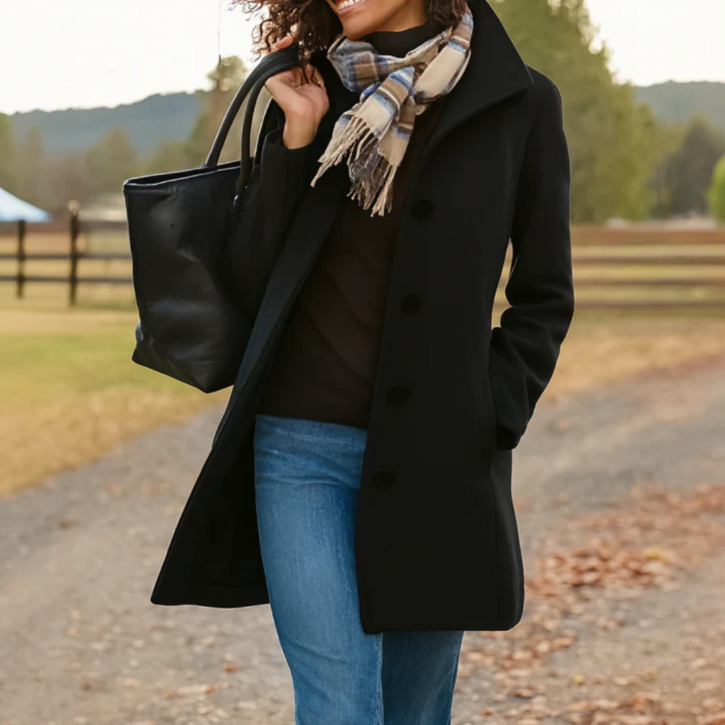 Women's High-Collar Coat with Shaped Waist, Black, view 5