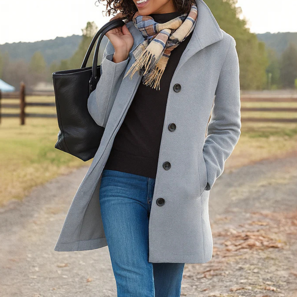 Women's High-Collar Coat with Shaped Waist, Light Grey, view 6