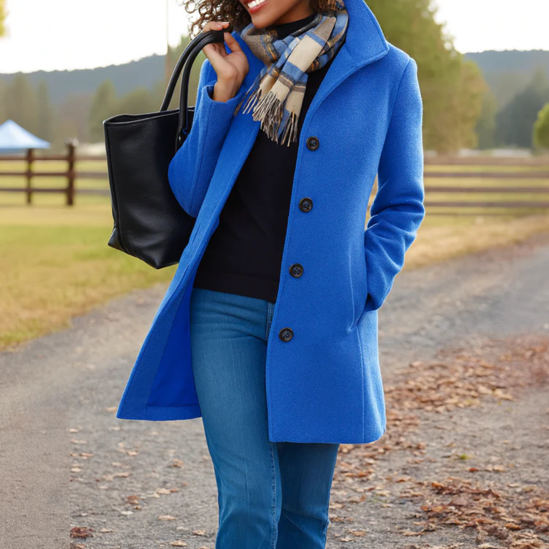 Women's High-Collar Coat with Shaped Waist, Blue, view 8