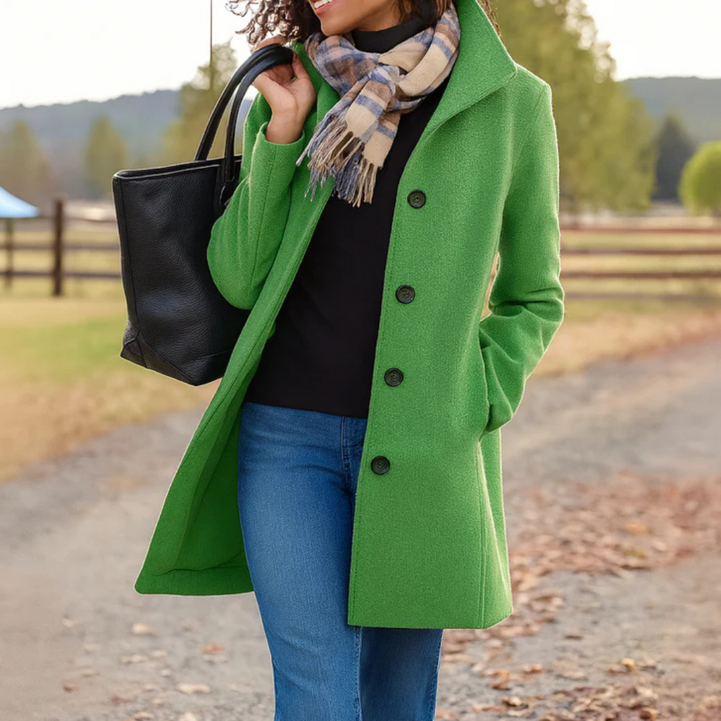 Women's High-Collar Coat with Shaped Waist, Green, view 10