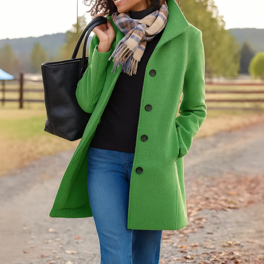 Women's High-Collar Coat with Shaped Waist, Green, view 10