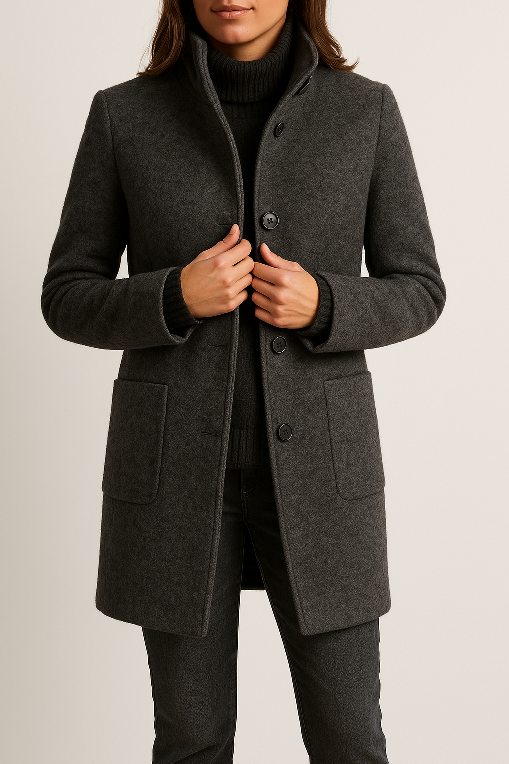 Women's High-Neck Coat with Patch Pockets, Black, view 1