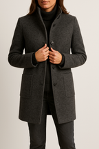 Women's High-Neck Coat with Patch Pockets, Black, view 1