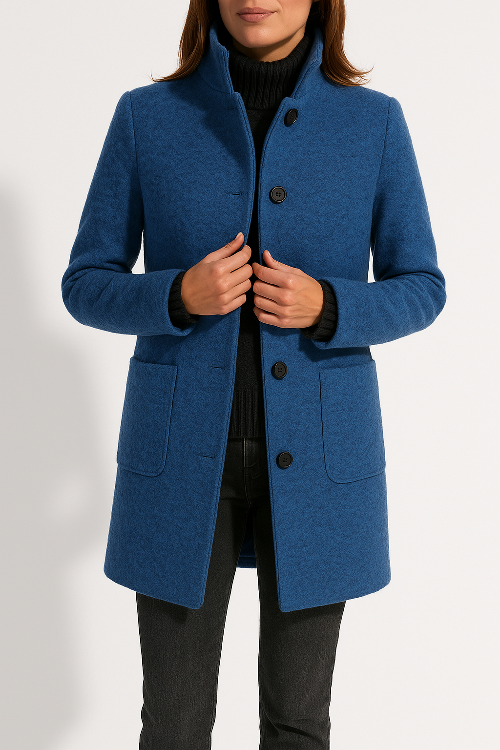 Women's High-Neck Coat with Patch Pockets, Dark Blue, view 2