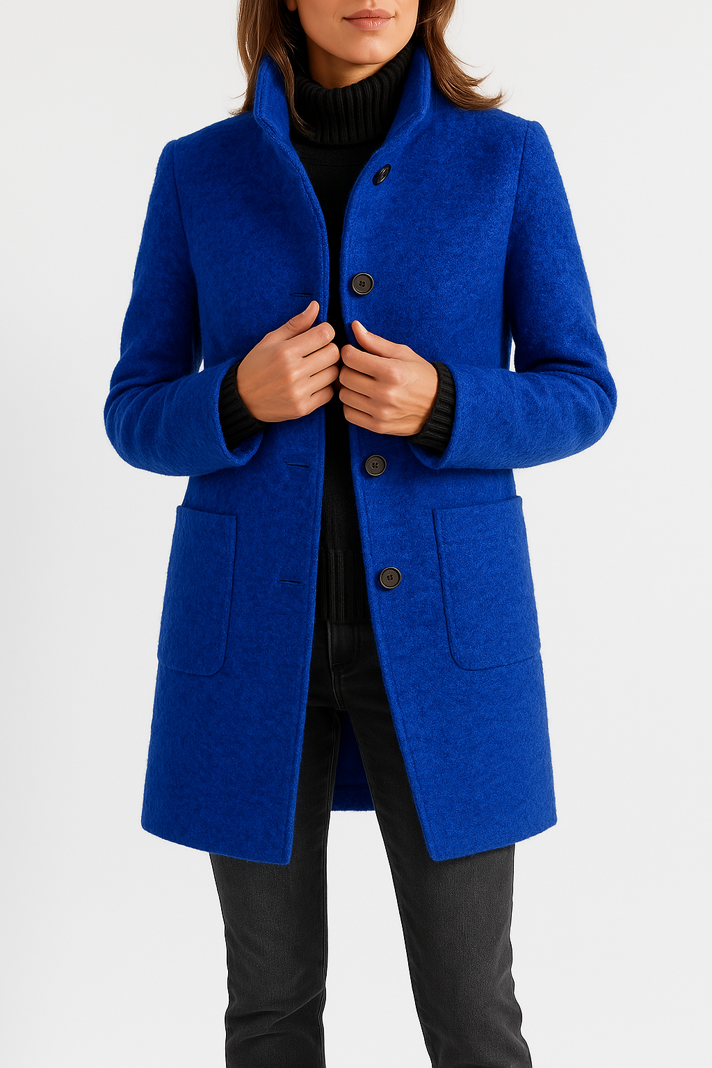 Women's High-Neck Coat with Patch Pockets, Blue, view 3