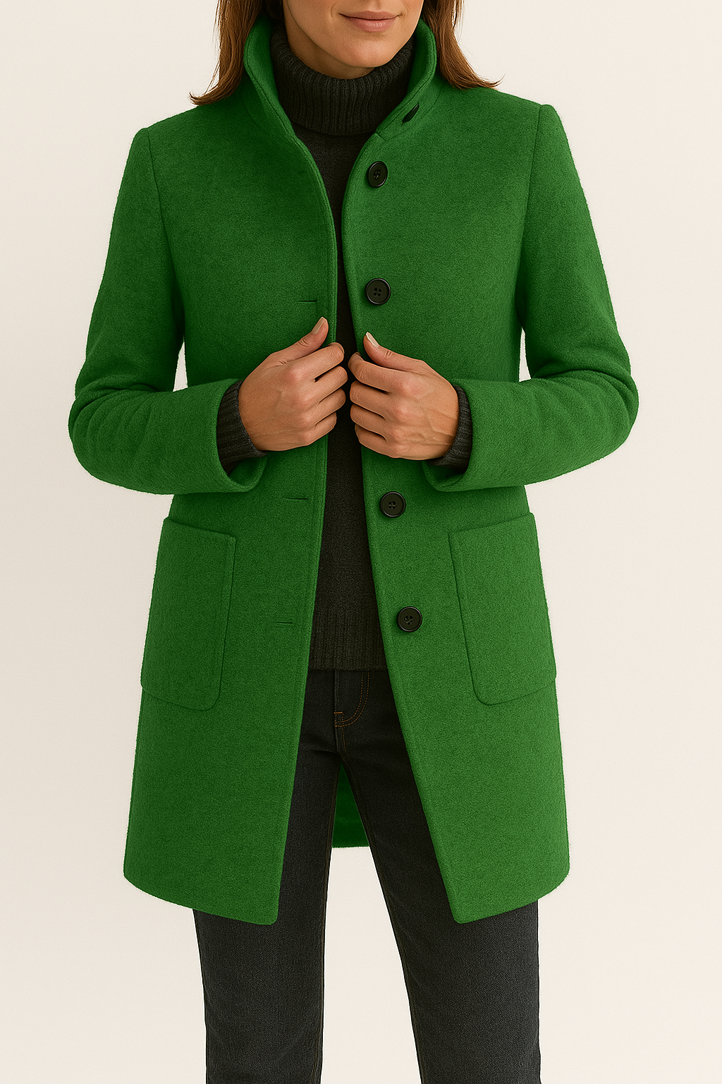 Women's High-Neck Coat with Patch Pockets, Green, view 4
