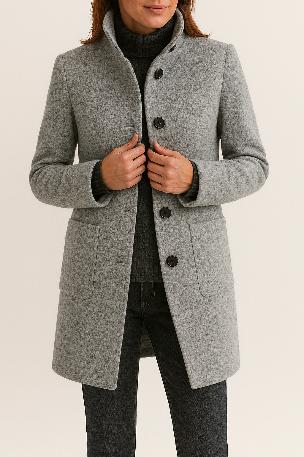 Women's High-Neck Coat with Patch Pockets, Grey, view 5