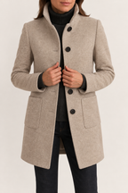Women's High-Neck Coat with Patch Pockets, Beige, view 8