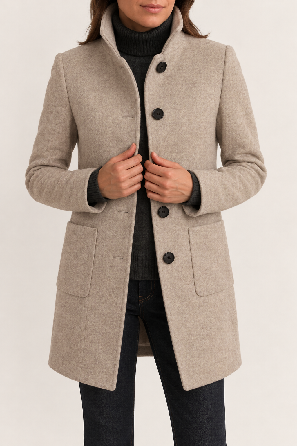 Women's High-Neck Coat with Patch Pockets, Beige, view 8